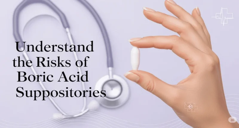 Woman’s hand holding a boric acid suppository capsule on a soft pink background, representing feminine health and the risks of boric acid suppositories.