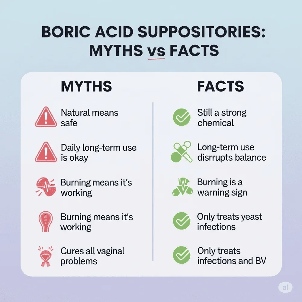 “Myths vs facts infographic on boric acid suppositories with icons and pastel design.”