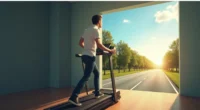 A person stuck on a treadmill in a dull room, looking toward an open road with sunlight and clear skies symbolizing real action and progress.