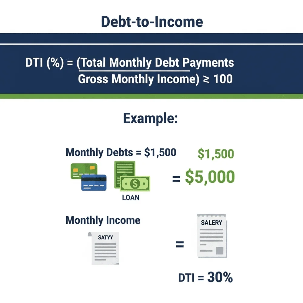 Infographic explains how to calculate DTI code using a formula and example, with visuals representing debt, income, and financial data.