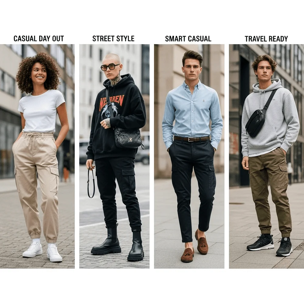Four stylish individuals showcasing cargo pants for casual, street, smart casual, and travel looks—each styled with outfits perfect for modern daywear.