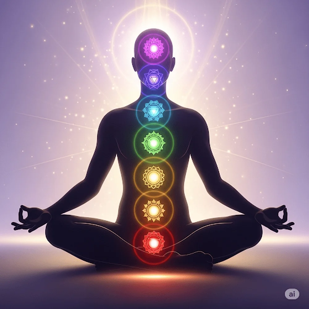 Seven chakra symbols aligned along the body, each representing energy, balance, and spiritual wellness in yoga practice.