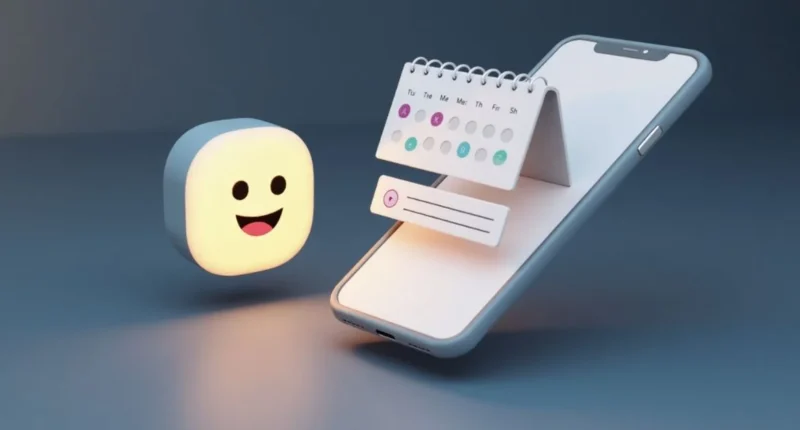 Modern digital assistant icon next to a phone and calendar showing an automatic reminder.