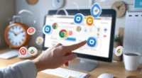 User clicking on Chrome extensions on a laptop screen to save time and work faster