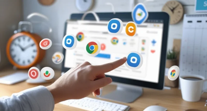 User clicking on Chrome extensions on a laptop screen to save time and work faster