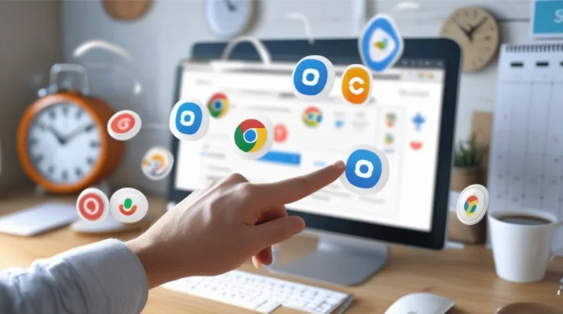 User clicking on Chrome extensions on a laptop screen to save time and work faster