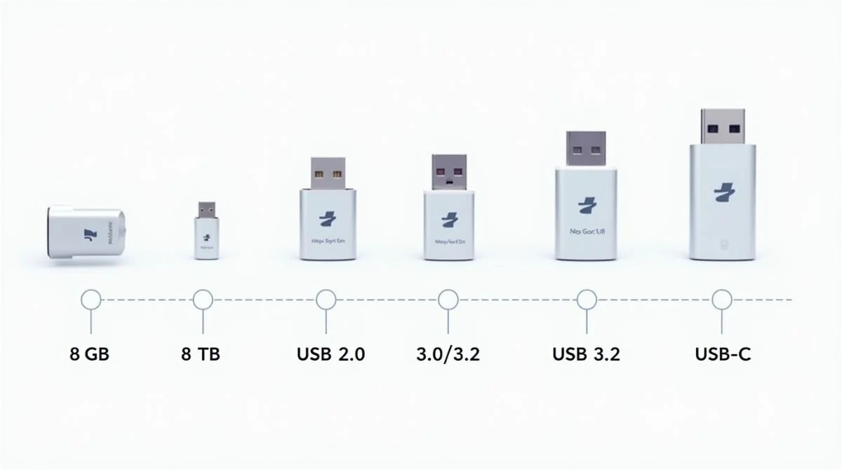 Comparison of USB flash drives by size, speed, and interface type with visual speed indicators.