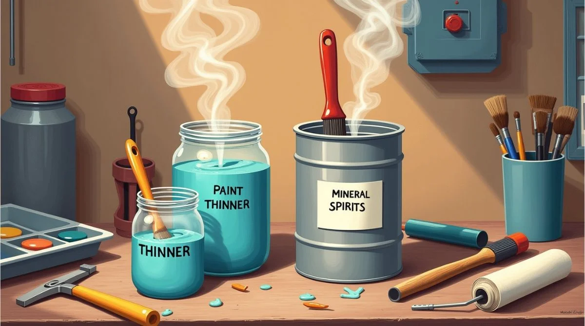 Comparison of paint thinner and mineral spirits with paint tools and cleaning setup on a workshop bench.