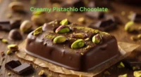 Close-up of a creamy pistachio chocolate bar with pistachios and chocolate shavings on a rustic table.