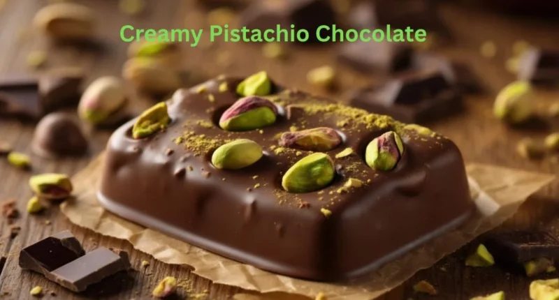 Close-up of a creamy pistachio chocolate bar with pistachios and chocolate shavings on a rustic table.