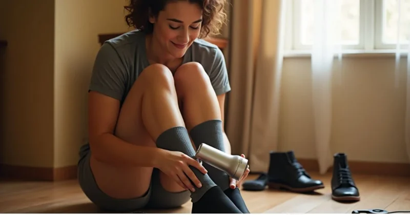 Person using thick socks and a hair dryer to stretch tight shoes at home