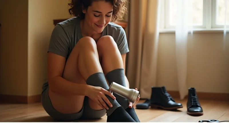 Person using thick socks and a hair dryer to stretch tight shoes at home