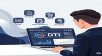 Illustration of a businessperson analyzing a DTI code dashboard on a laptop, with financial charts, income and debt icons, and loan approval indicators in a modern office setting.
