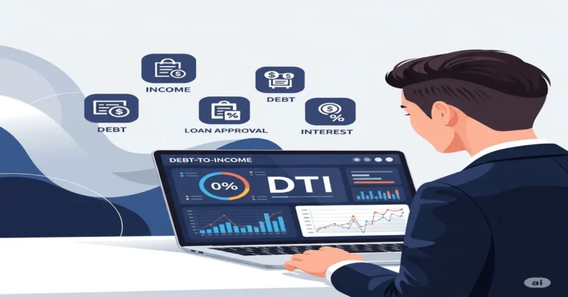 Illustration of a businessperson analyzing a DTI code dashboard on a laptop, with financial charts, income and debt icons, and loan approval indicators in a modern office setting.