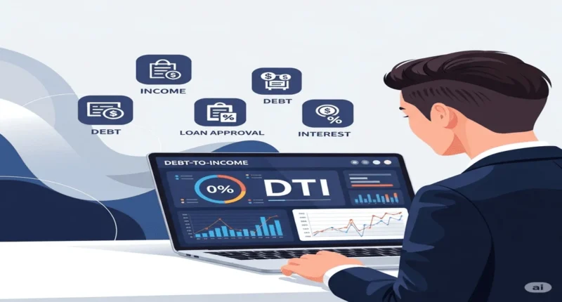 Illustration of a businessperson analyzing a DTI code dashboard on a laptop, with financial charts, income and debt icons, and loan approval indicators in a modern office setting.