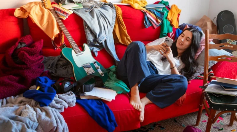Woman relaxing on messy couch with phone and guitar nearby