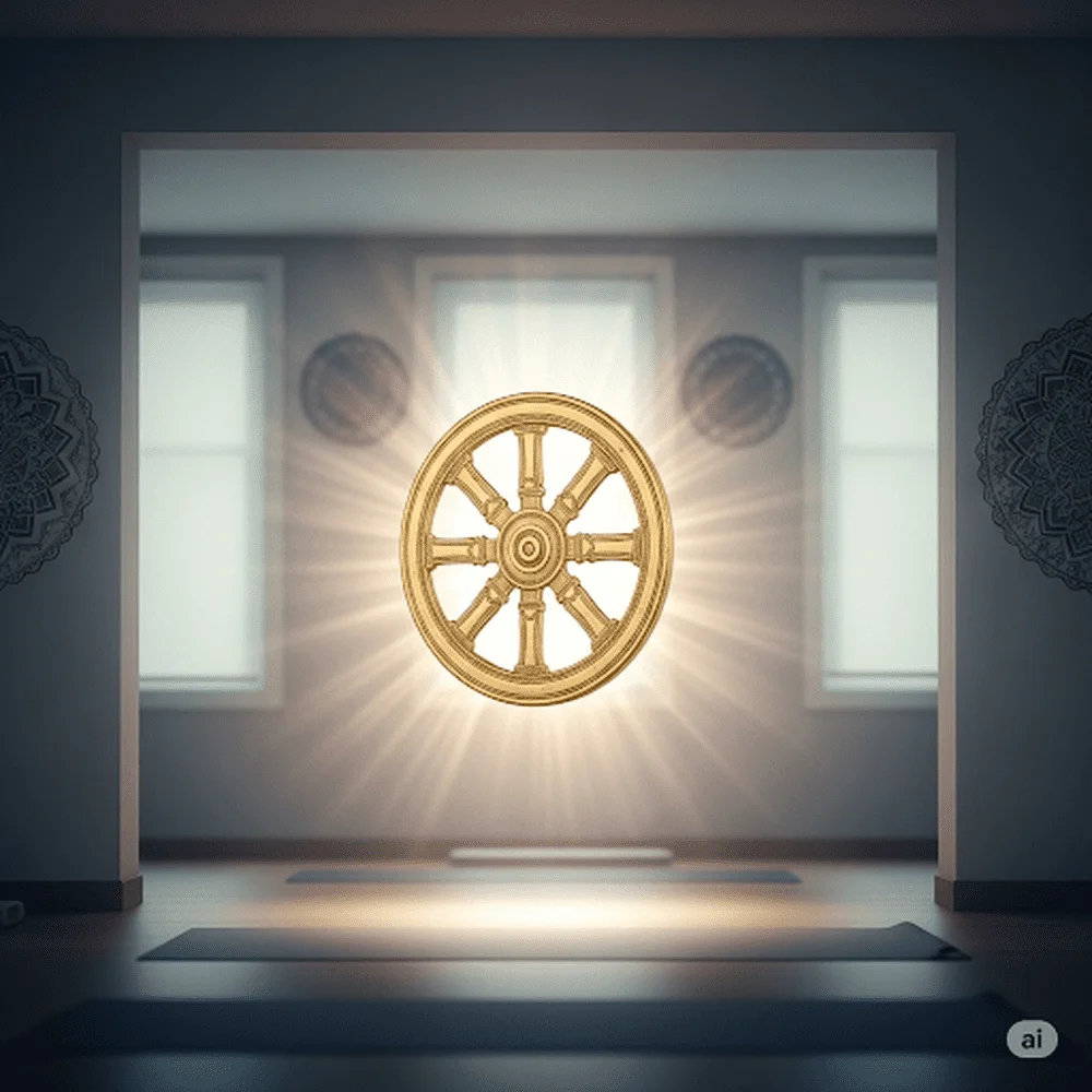 Dharma Wheel symbol in yoga representing wisdom, truth, and the Eightfold Path: Yoga Symbols and Meanings