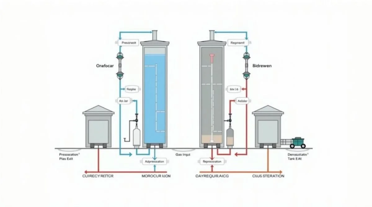 Diagram of a PSA system with two tanks separating gases in cycles.