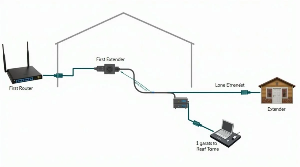 Diagram showing how to set up an Ethernet cable extender between a router and a remote device.
