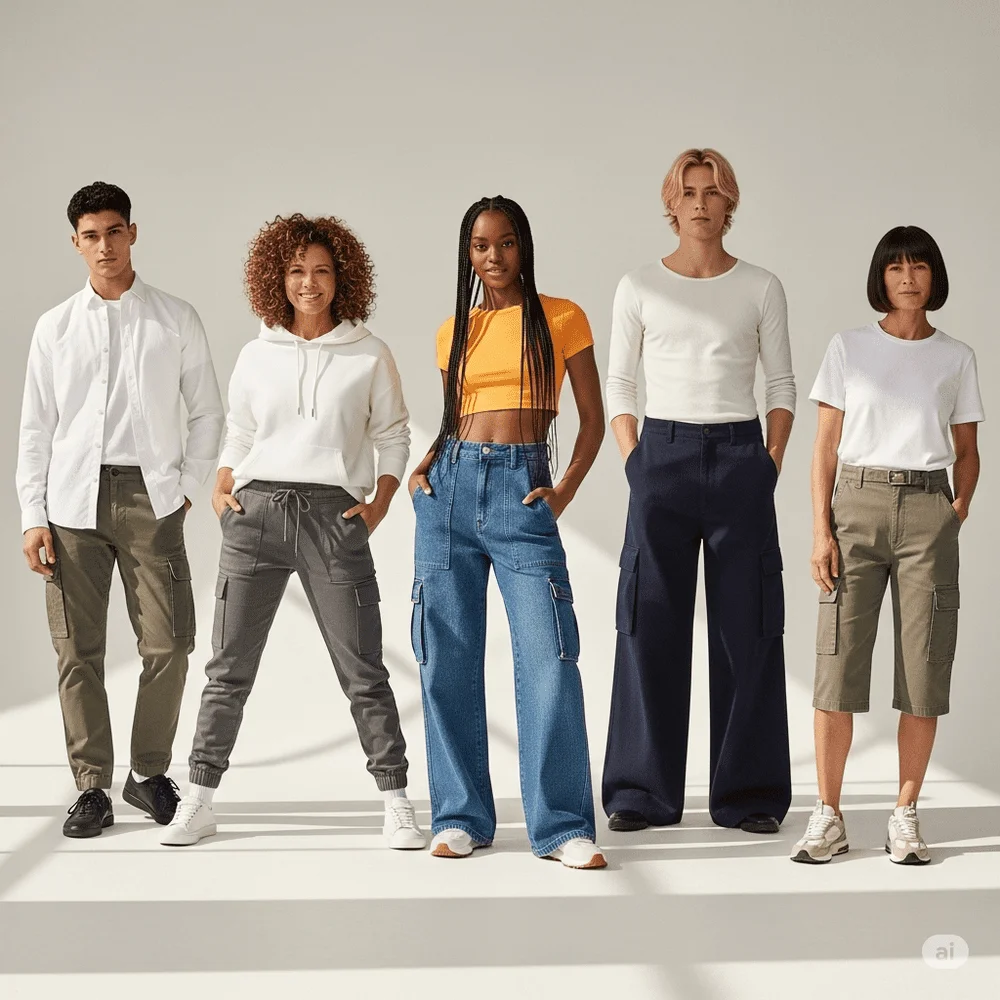 Five individuals showcasing slim-fit, jogger, high-waist, wide-leg, and cropped cargo pants, styled for modern street and casual fashion.
