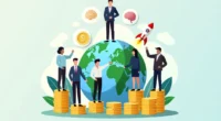 Digital art of 2025 global billionaires standing on wealth charts around a world map