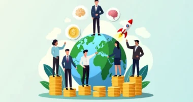 Digital art of 2025 global billionaires standing on wealth charts around a world map