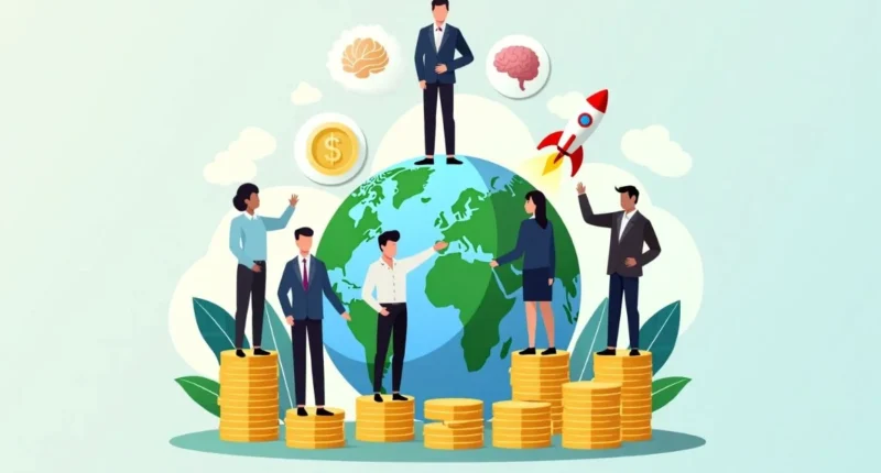 Digital art of 2025 global billionaires standing on wealth charts around a world map