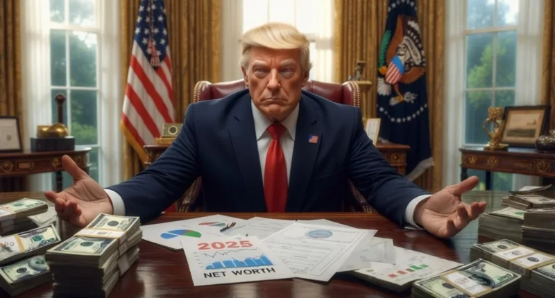 Donald Trump in an elegant office reviewing his 2025 financial statements