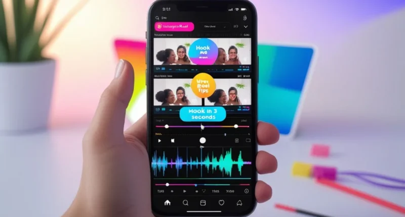 Person editing a viral Instagram Reel on a smartphone with music beats, text overlays, and transitions visible on the screen