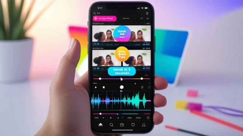 Person editing a viral Instagram Reel on a smartphone with music beats, text overlays, and transitions visible on the screen