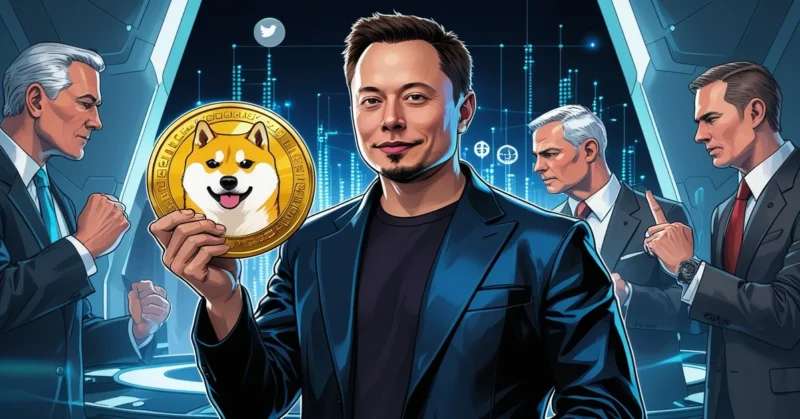 Elon Musk boosts Dogecoin in a futuristic tech scene with political figures arguing in the background, symbolizing the clash between cryptocurrency and politics.