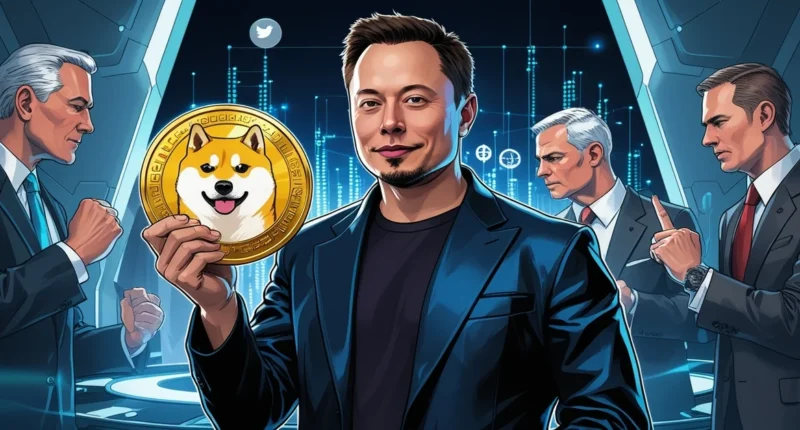 Elon Musk boosts Dogecoin in a futuristic tech scene with political figures arguing in the background, symbolizing the clash between cryptocurrency and politics.