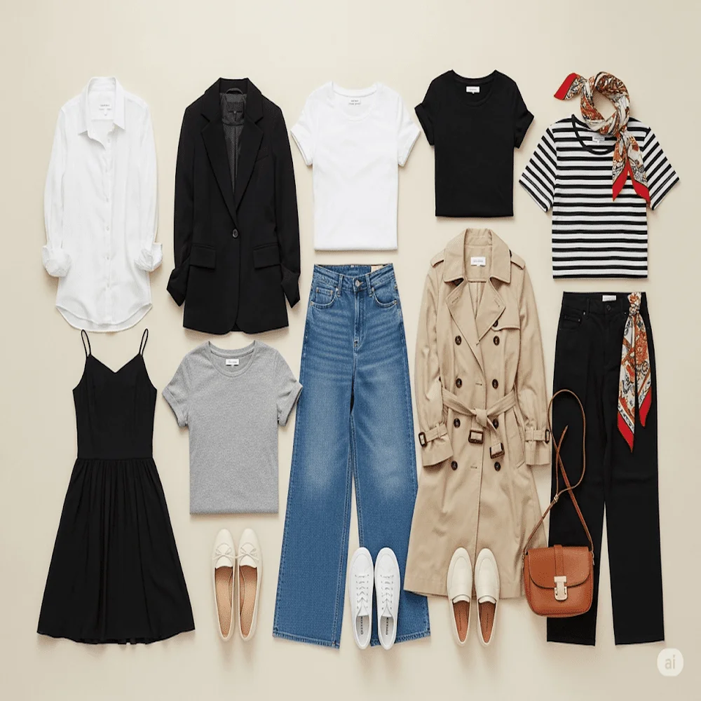 Flat-lay of a French capsule wardrobe with timeless pieces arranged neatly on a beige background, highlighting effortless and elegant style.