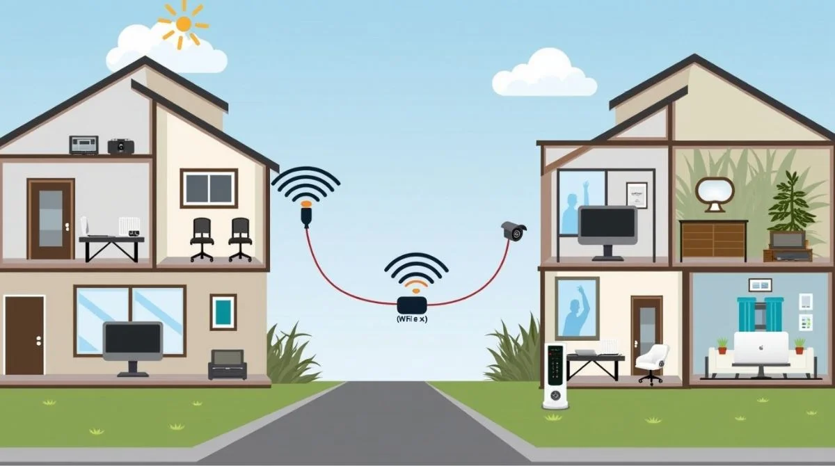 Ethernet cable extender connecting a home office and outdoor security camera for stronger, stable wired network coverage.