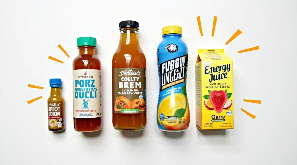 Four popular types of non-carbonated energy drinks including an energy shot, bottled tea, electrolyte blend, and energy-infused fruit juice.