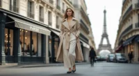 A woman walks through Paris in a beige trench coat and wide-leg trousers, perfectly capturing elegant, minimalistic French fashion with the Eiffel Tower and boutiques behind her.
