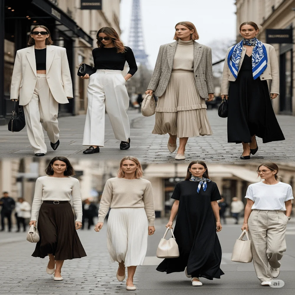 Paris street scene with six women showcasing 2025 French fashion trends styled in neutrals with the Eiffel Tower and boutique backdrop. 