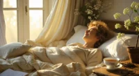Person stretching in bed during morning sunlight with cozy and energetic vibes.