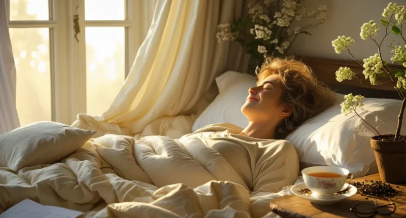 Person stretching in bed during morning sunlight with cozy and energetic vibes.
