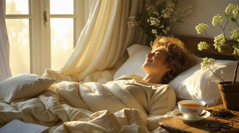 Person stretching in bed during morning sunlight with cozy and energetic vibes.