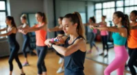 People warming up in a gym with stretches, bands, and light cardio exercises before workout