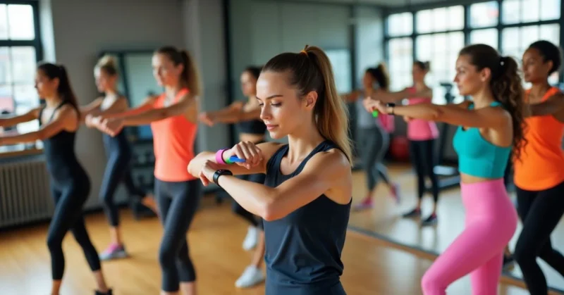 People warming up in a gym with stretches, bands, and light cardio exercises before workout