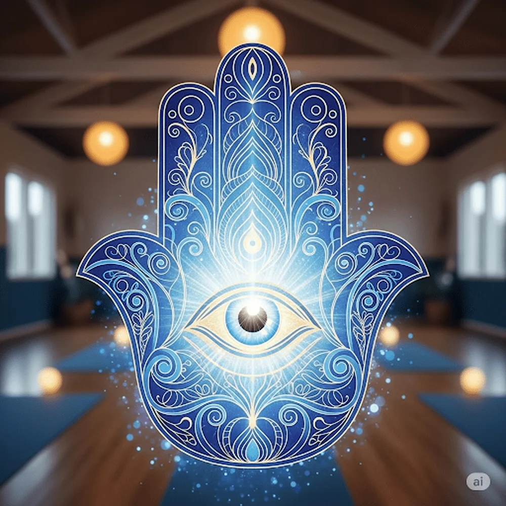 Hamsa hand symbol representing protection, inner strength, and positive spiritual energy in yoga.