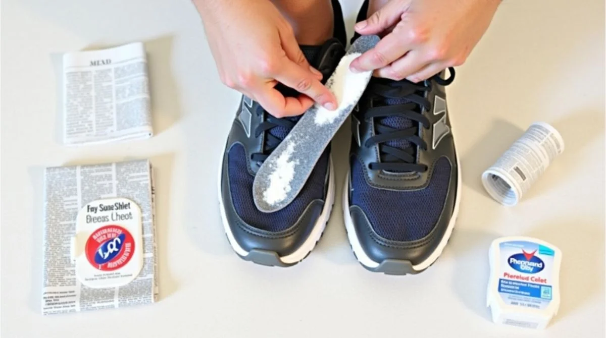 Hand applying baby powder inside a shoe with insole removed, next to dryer sheet and jelly for squeak fixes.