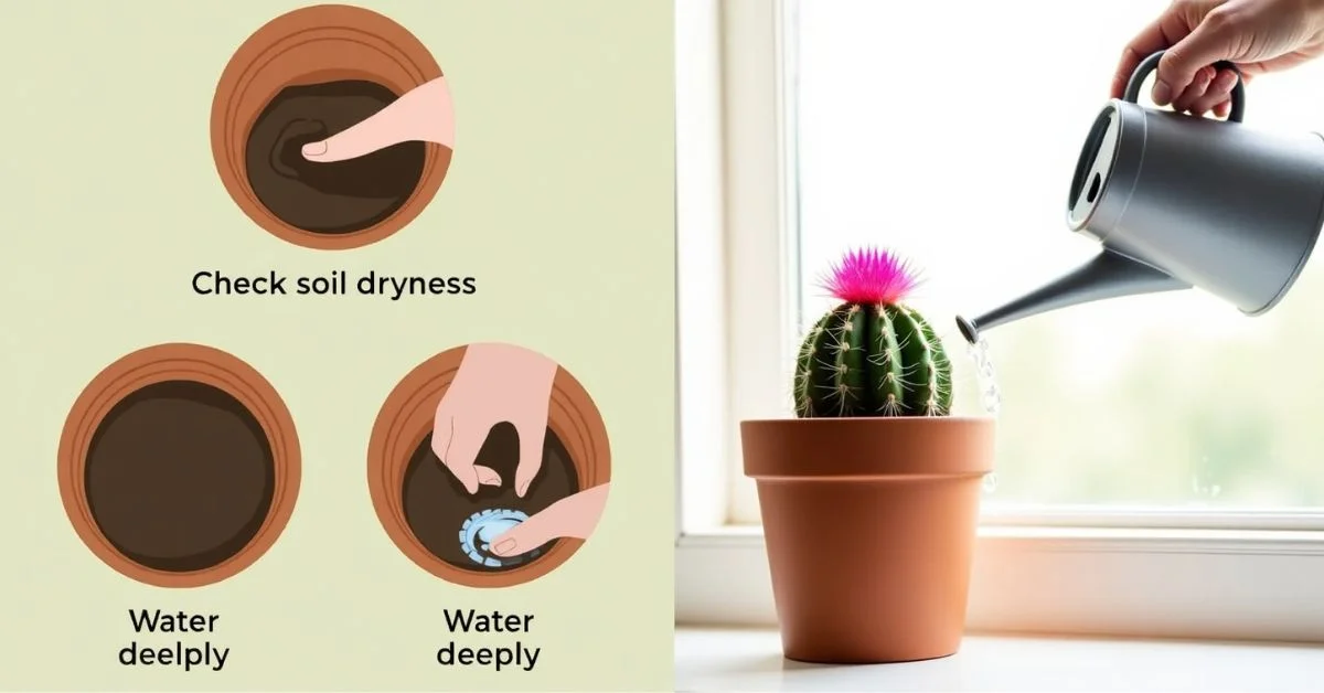 A person watering a Moon Cactus after checking the dry soil, with water draining from the pot indoors.