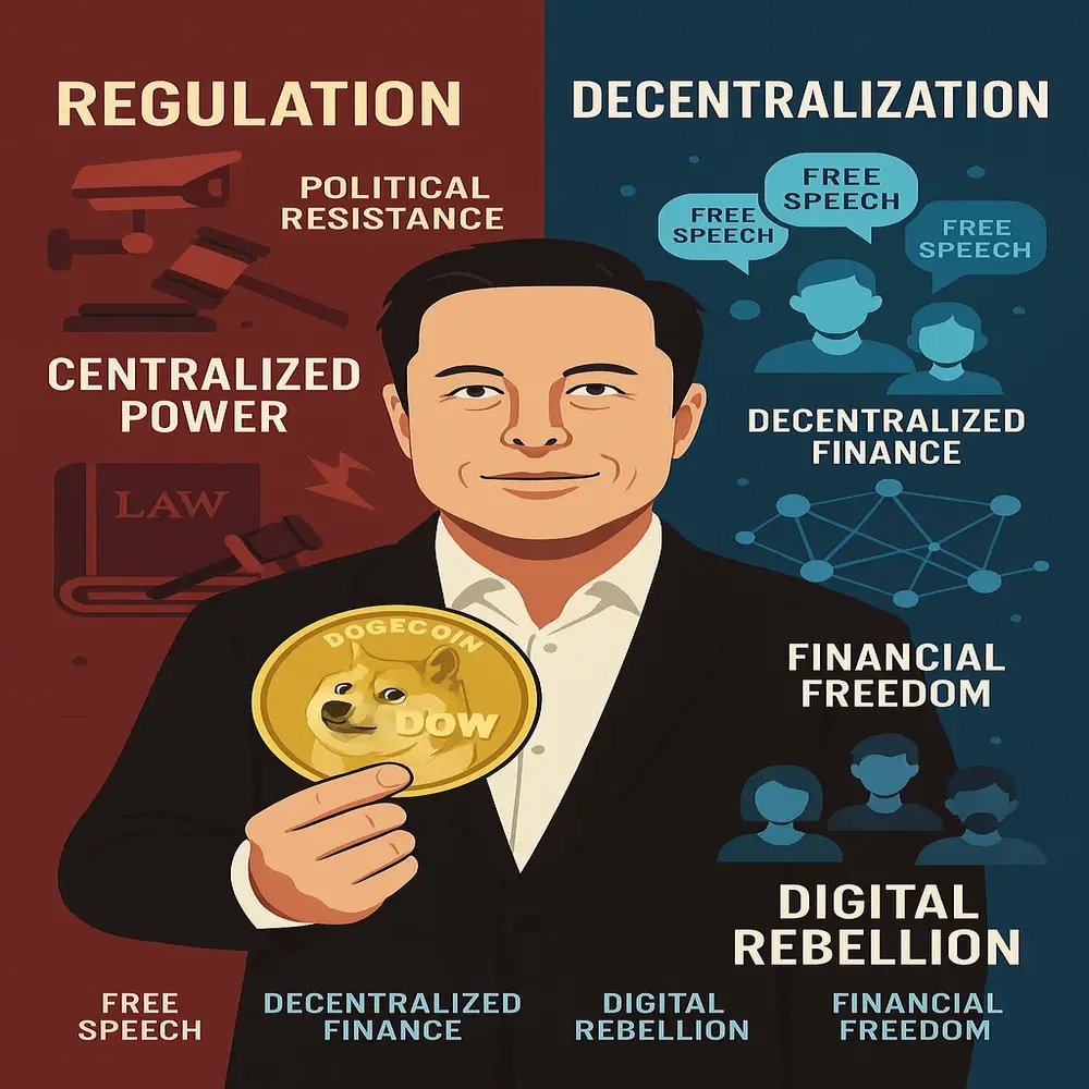 Infographic showing Elon Musk linking Dogecoin to political freedom, decentralization, and rebellion against financial regulation 