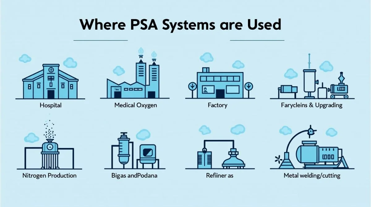 Infographic showing PSA system applications in healthcare, industry, energy, and metal processing.