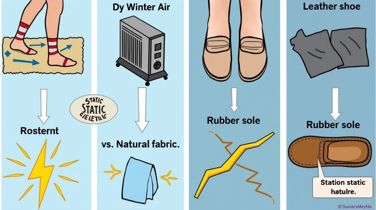Infographic showing causes of static electricity friction from walking on carpet, dry air, synthetic fabrics, rubber shoes, and natural examples like lightning