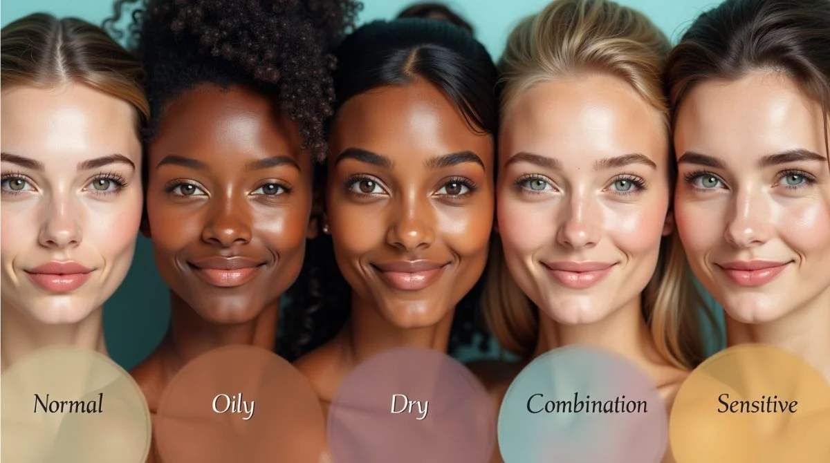 Infographic showing five skin types with visual cues and a simple skin test method.