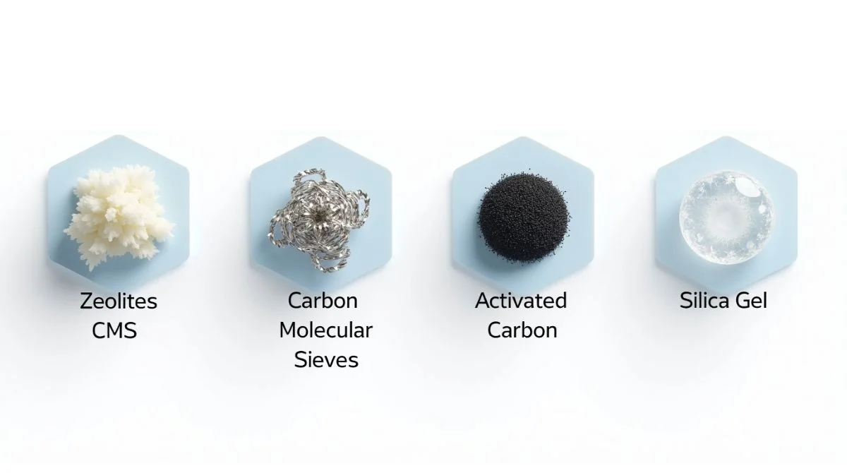 Infographic showing zeolites, CMS, activated carbon, and silica gel used in gas separation.